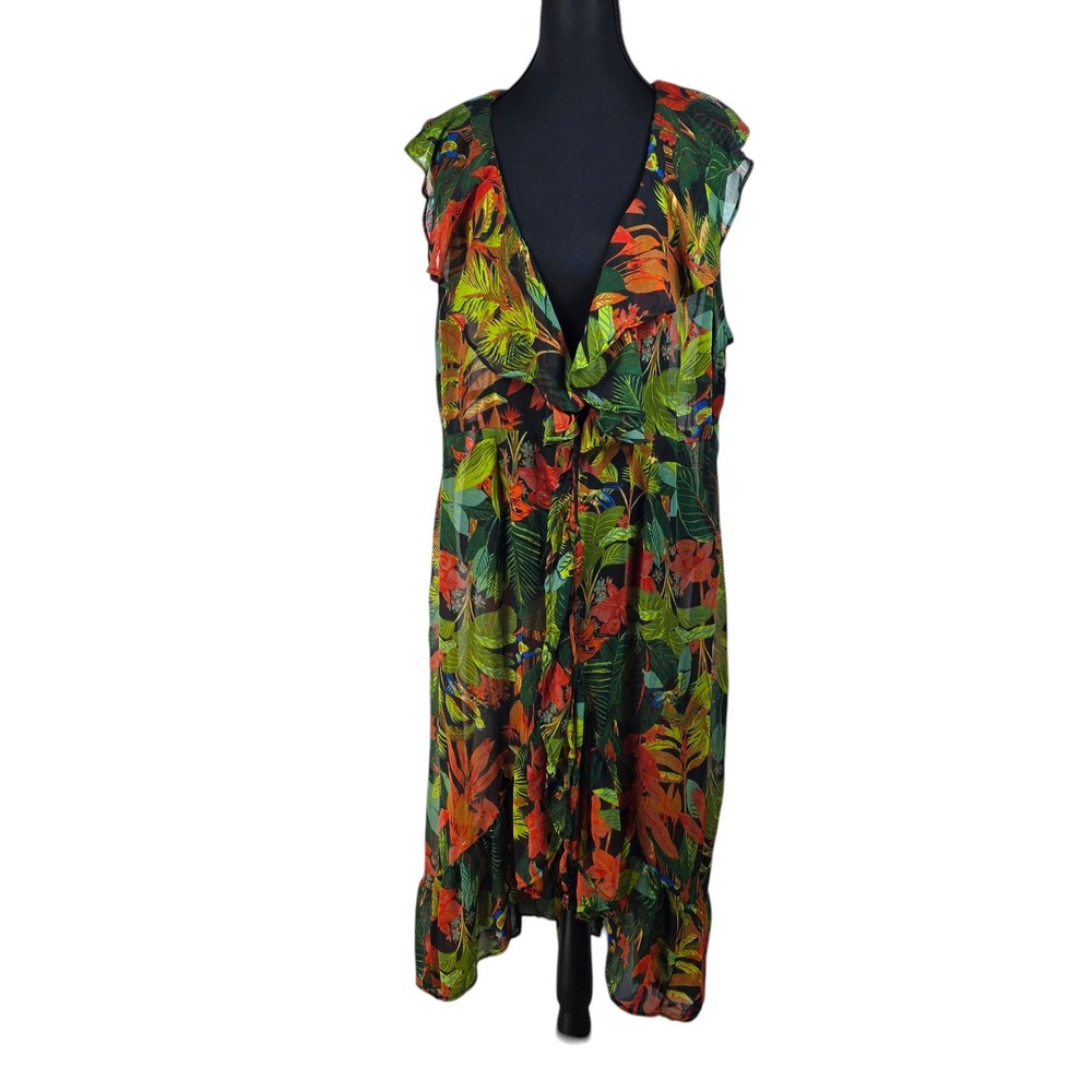 Live 4 Truth‎ Duster Dress Womens 2X Tropical Floral Bird Print Sheer Ruffle Tie